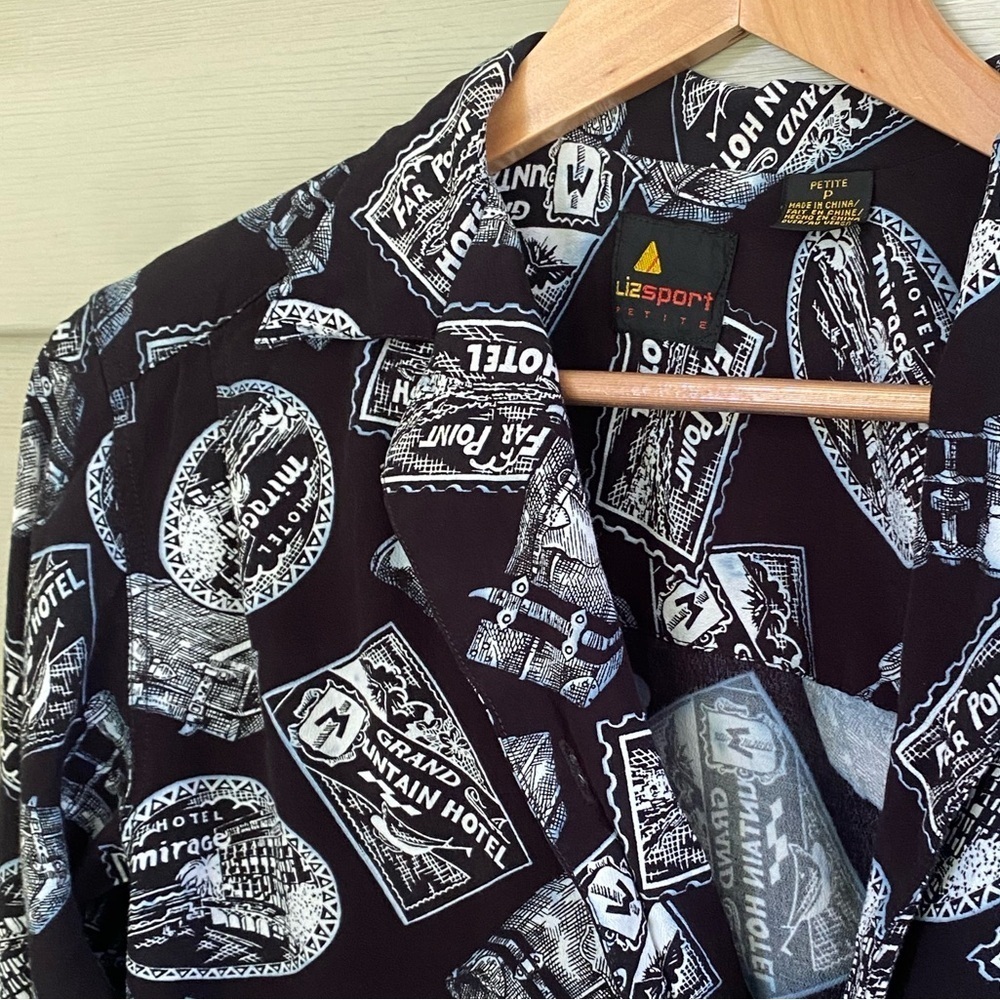 LIZ SPORT rayon button down Vintage Graphic travel resort shirt retro sz S EUC